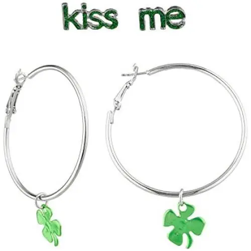 Lux Accessories Silver Tone Clover Charm Saint Patrick Inspired Loop Earrings
