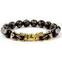 4 Pieces Feng Shui Golden Pi Xiu Bead Chinese Bracelet Hand Carved Black Obsidian Amulet Bead Mantra Stone Adjustable Elastic Bangle for Mens Women Attracting Wealth Good Luck Jewelry