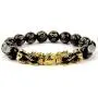 4 Pieces Feng Shui Golden Pi Xiu Bead Chinese Bracelet Hand Carved Black Obsidian Amulet Bead Mantra Stone Adjustable Elastic Bangle for Mens Women Attracting Wealth Good Luck Jewelry