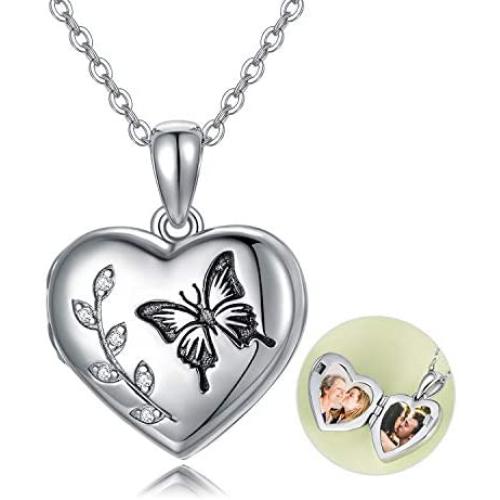 AOBOCO Heart Locket Necklace That Holds Pictures Photo in 925 Sterling Silver Butterfly/Flower Photo Picture Locket Necklace for Women, Crystals from Austria