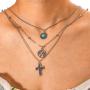 Twinklede Boho Layered Necklace Silver Turquoise Pendant Necklaces Chain Map Necklace Jewelry for Women and Girls (Silver 1)