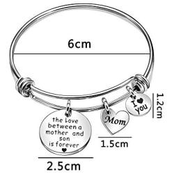 Mother and Son Jewelry Gifts from Son Bangles Mom I Love You Silver Charm Bracelets for Mother - The Love Between a Mother and Son is Forever