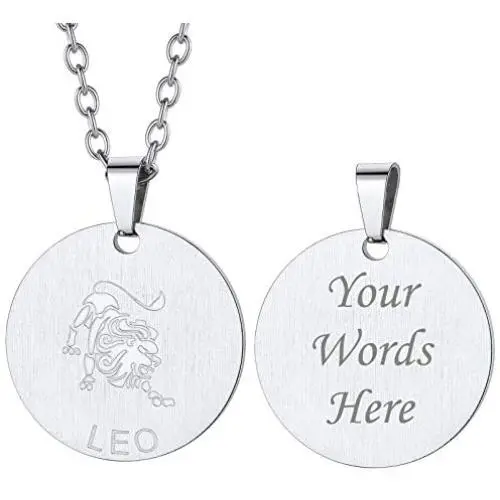 Custom4U Personalized Photo Necklace Zodiac Sign 12 Constellation Stainless Steel/Black/Gold Medallion Coin/Dog Tag Pendant Name Engrave with Chain Lucky Charm Customized Jewelry Gifts for Women Men