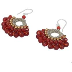 NOVICA Hand Crocheted Carnelian and Quartz Earrings with .925 Sterling Silver Hooks, Orange Lanna