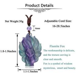 CrystalTears Fluorite Healing Crystal Fox Necklace Handcarved Reiki Healing Crystal Gemstone Fox Amulet Pendant Necklace Jewelry for Men