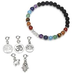 Top Plaza 7 Chakra Reiki Healing Crystal Bead Charm Bracelet Necklace Set Lava Rock Stone Aromatherapy Essential Oil Diffuser Stretch Bracelets Necklaces with 5 Replaceable Charms