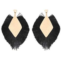 RIAH FASHION Bohemian Silky Thread Tassel Statement Drop Earrings - Geometric Strand Fringe Diamond Fan, Triangle Duster Dangles