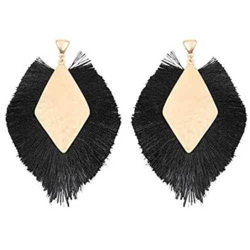 RIAH FASHION Bohemian Silky Thread Tassel Statement Drop Earrings - Geometric Strand Fringe Diamond Fan, Triangle Duster Dangles