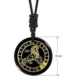 Yatming Engraved Round Stone Pendant for Men and Women, Healing Crystal Black Obsidian Amulet Necklace with Adjustable Rope