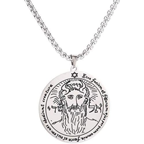 VASSAGO Stainless Steel First Pentacle of the Sun Pendant Necklace Key of Solomon Seal Round Charm Wide Chain Talisman Jewelry Men