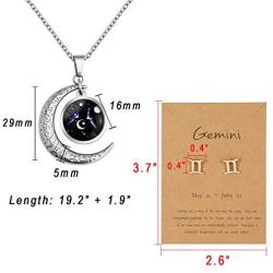 Nanafast Zodiac Necklace Stud Earrings Set, Adjustable Stainless Steel Constellation Crescent Moon Necklace, Creative Glow Horoscope Astrology Pendant Necklace for Women Girls Valentines Birthday Gift