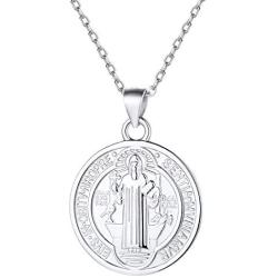 Nofade Silver Saint Benedict Cross Necklace for Men Women, 925 Sterling Silver Round St Benedict Pendant Necklace Coin Medallion Necklace Talisman Amulet Jewelry (with Gift Box)
