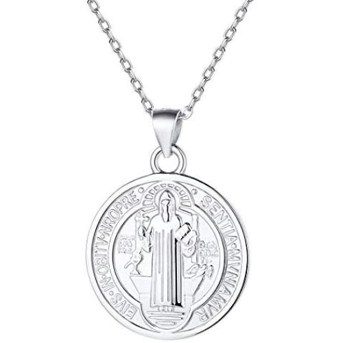 Nofade Silver Saint Benedict Cross Necklace for Men Women, 925 Sterling Silver Round St Benedict Pendant Necklace Coin Medallion Necklace Talisman Amulet Jewelry (with Gift Box)