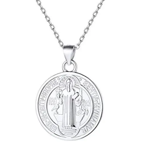 Nofade Silver Saint Benedict Cross Necklace for Men Women, 925 Sterling Silver Round St Benedict Pendant Necklace Coin Medallion Necklace Talisman Amulet Jewelry (with Gift Box)