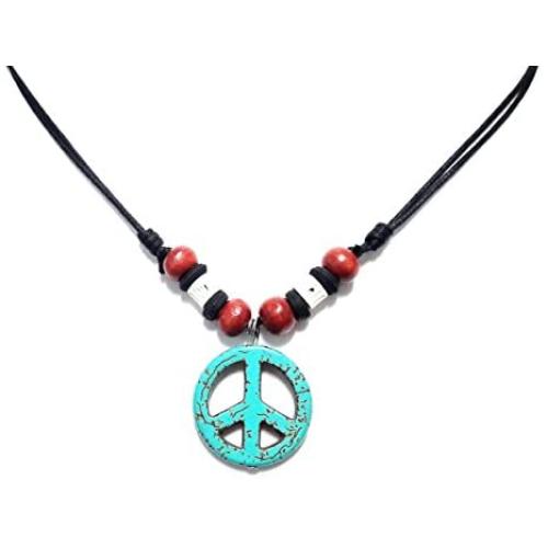 Nove Jewelry Leather Peace Sign Necklace - Peace Symbol Necklace - Stone Peace Sign Pendant - Adjustable Black Cord