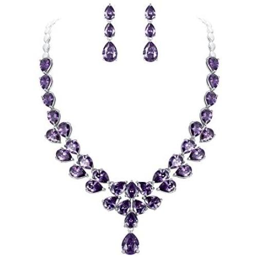 EleQueen Womens Bridal CZ Multi Teardrop Statement Necklaces Dangle Earrings Costume Jewerly Sets