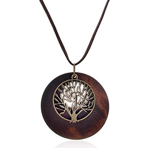 SIVITE Vintage Bronze Tree of Life with Wood Pendant Necklace Long Leather Chain Wooden Necklace for Women Girls