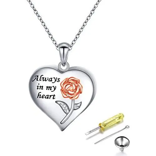 FLYOW Cremation Jewelry 925 Sterling Silver Heart with Rose Memorial Urn Ashes Keepsake Cylinder Necklace Pendant Engraved Always in My Heart