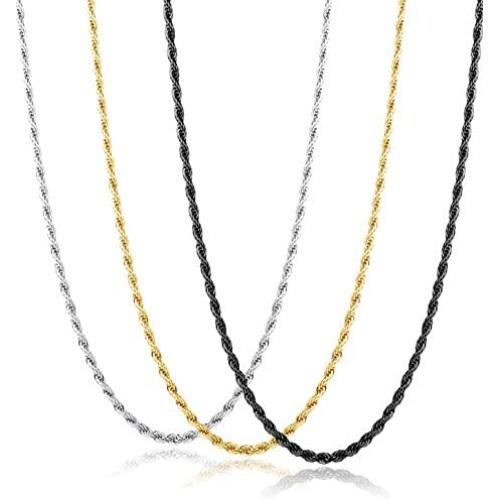 Jstyle 3Pcs 3MM Stainless Steel Twist Rope Chain Necklace for Men Women Silver/Gold/Black Tone,16-30 Inches