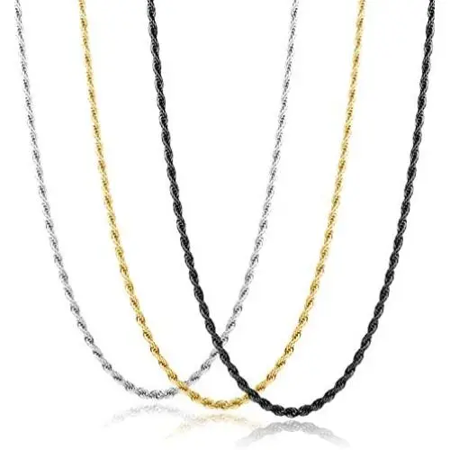 Jstyle 3Pcs 3MM Stainless Steel Twist Rope Chain Necklace for Men Women Silver/Gold/Black Tone,16-30 Inches
