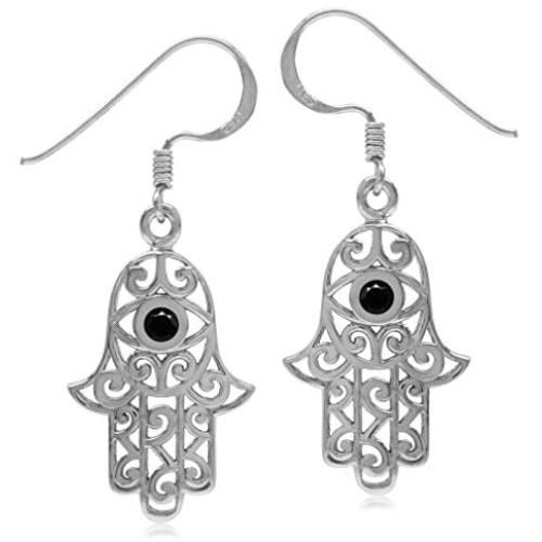 Silvershake 925 Sterling Silver Evil Eye On Hamsa Hand Dangle Hook Earrings Protective Symbol Jewelry for Women