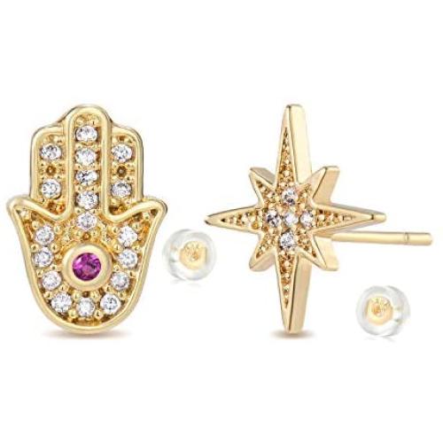 MYEARS Women CZ Stud Earrings Gold Diamond Cubic Zirconia Asymmetry 14K Gold Filled Tiny Boho Beach Simple Delicate Handmade Hypoallergenic Jewelry Gift