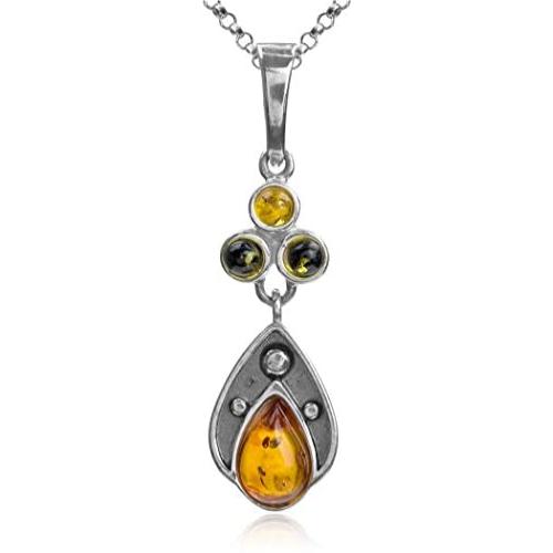 Multicolor Amber Sterling Silver Teardrop Beads Pendant Necklace Chain 18''