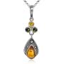 Multicolor Amber Sterling Silver Teardrop Beads Pendant Necklace Chain 18''