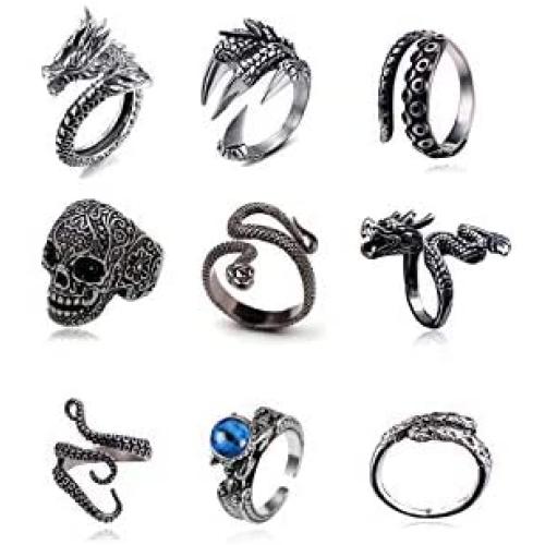 BYONDEVER Vintage Punk Silver Black Chinese Dragon Snake Dragon Claw Skull Rings Jewelry Gothic Alloy Open Adjustable