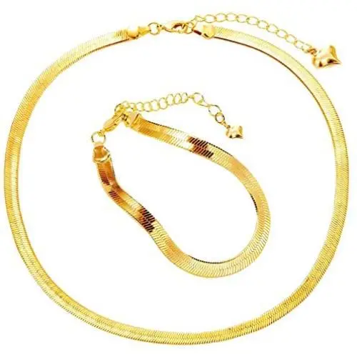 14K Gold Plated 5mm Snake Chain Necklace Flat Herringbone Choker Necklace Bracelets,Adjustable Dainty Simple Chunky Collar Jewelry Set for Women Girls 14K Gold Plated 5mm Snake Chain Necklace Flat Herringbone Choker Necklace Bracelets,Adjustable Dainty Simple Chunky Collar Jewelry Set for Women Girls