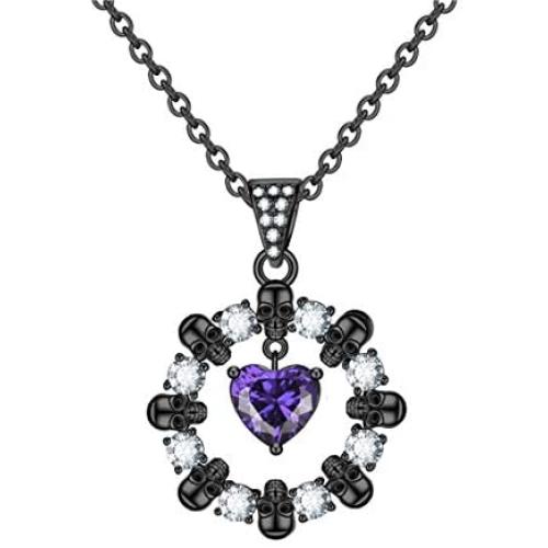 FLIUAOL Gothic Black Skull Necklace Heart Crystal Punk Pendants Gifts for Women