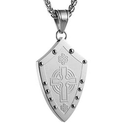 HZMAN Mens Warriors Medieval Shield Celtic Knot Irish Cross Stainless Steel Pendant Necklace Silver / Gold