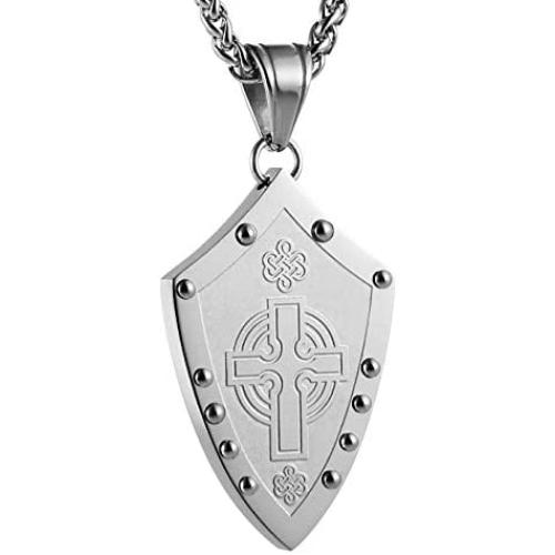 HZMAN Mens Warriors Medieval Shield Celtic Knot Irish Cross Stainless Steel Pendant Necklace Silver / Gold