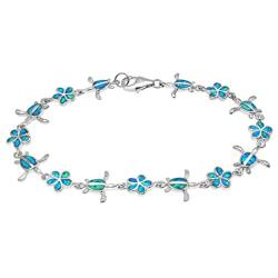 Honolulu Jewelry Company Sterling Silver Turtle and Flower Bracelet with Simulated Blue Opal