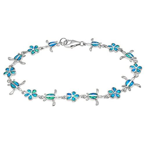 Honolulu Jewelry Company Sterling Silver Turtle and Flower Bracelet with Simulated Blue Opal