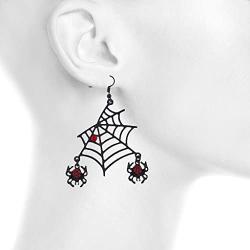 Lux Accessories Halloween Black Spider Web Dangling Red Rhinestone Earrings