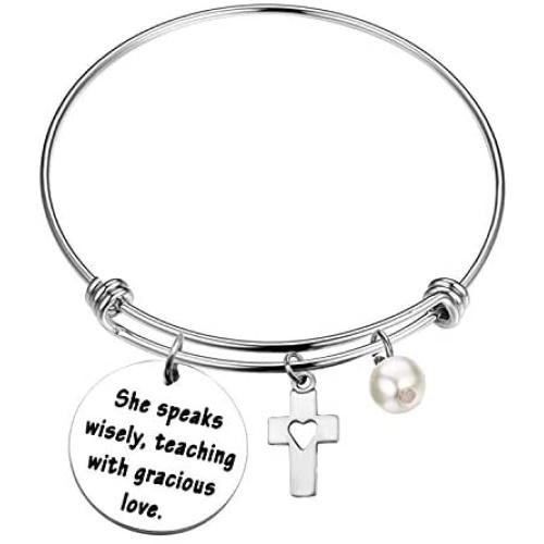 AKTAP Sunday School Teacher Gift She Speaks Wisely Teaching with Gracious Love Bracelet Godmother Church Youth Gift Childrens Pastor Appreciation Jewelry