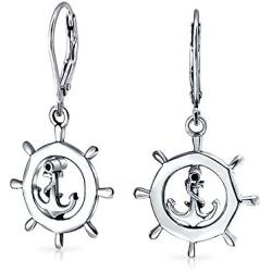 Nautical Boat Ship Wheel Anchor Small Leverback Dangle Earrings For Women For Teen 925 Sterling Silver