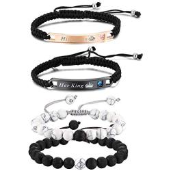 Cupimatch 2 Pairs Couple Matching Matte Agate White Howlite Beads Distance Bracelets Set, Stainless Steel Adjustable His and Her Bracelets Her King His Queen CZ Relationship Bangle Jewelry