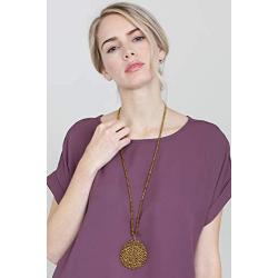 RIAH FASHION Bohemian Beaded Round Pendant Long Statement Necklace - Sparkly Crystal, Wood Braided Sun Disc Wired Circle Charm