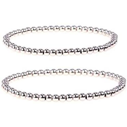 Fashion Silver Gold Beaded Bracelet Silver Plated Stacking Ball Beads Bracelets Dainty Bead Stretchable Elastic Bracelet Jewelry 8MM Italian Bead Ball Chain Strand Bracelet for Women Men