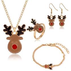 4 Pcs Dainty Christmas Jewelry Sets Christmas Tree Jingle Bells Brown Reindeer Pendant Necklaces Earrings Rings Bracelets Set Christmas Jewelry Set Gifts for Women Girls