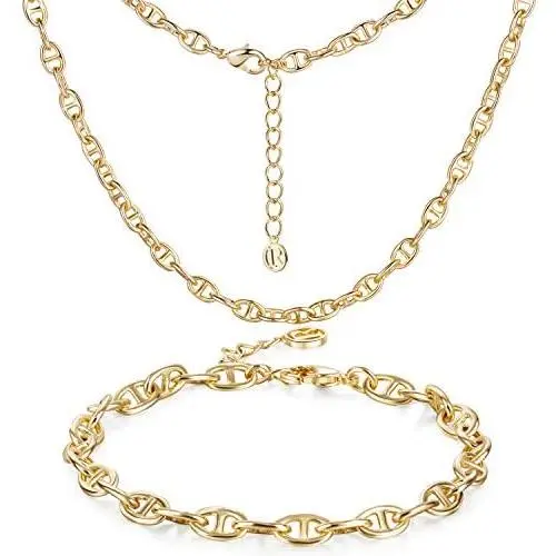 18K Gold Chain Necklace for Women Dainty Paperclip link Chunky Chain Choker Bracelet Necklace Set Best Valentines Day Mothers Day Jewelry Gift for Mom Men Women Girls Wife Girlfriend Her