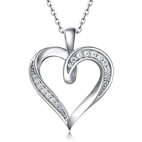 Billie Bijoux Silver Love Heart Necklace 925 Sterling Silver Platinum Plated Round CZ Diamond Fine Womans jewelry Gift for Women Girls Valentines Day Mothers Day