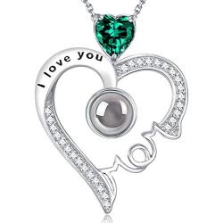 I Love You Mom Necklace 100 Languages Mothers Day Birthday Gifts Mom April May Birthstones Jewelry Simulated Diamond Emerald Blue Sapphire and more stones Sterling Silver Pendant
