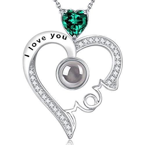 I Love You Mom Necklace 100 Languages Mothers Day Birthday Gifts Mom April May Birthstones Jewelry Simulated Diamond Emerald Blue Sapphire and more stones Sterling Silver Pendant