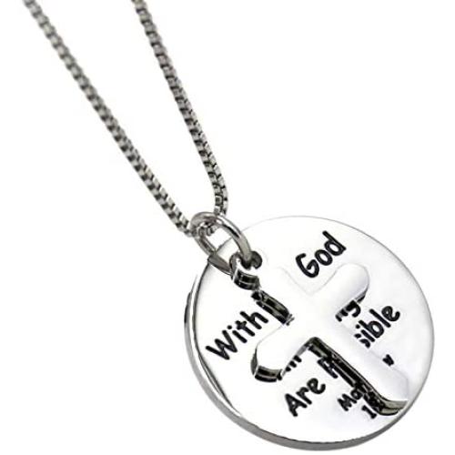 YOYONY Stainless Steel Engraved with god All Things are Possible Pendant & Cross Box Chain Necklace,Inspirational Gifts