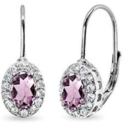Sterling Silver Genuine or Synthetic Gemstone 6x4mm Oval Halo Drop Leverback Earrings for Women