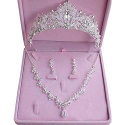 EverLove Womens Bride Headdress Jewelry Wedding Necklace Earrings Set Crystal Crown Tiara