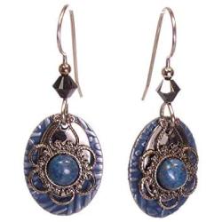 Blue Silver-tone Filigree Hammered Tear Drop Lapis Earrings Flower Crystal Gold-tone Surgical Steel